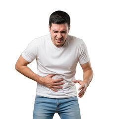 Fototapeta premium Man experiencing severe abdominal discomfort and pain holding his stomach with a distressed expression isolated on transparent background