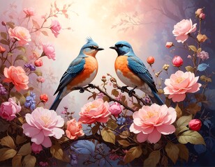 Two birds amidst vibrant flowers