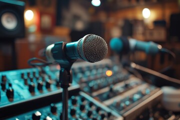 Microphones on the table in a podcasting or online broadcast setting, with speech equipment ready for recording in a studio or radio station, Generative AI