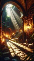 Fototapeta premium Sunlight Illuminates Historic Stone Staircase in Abandoned Castle