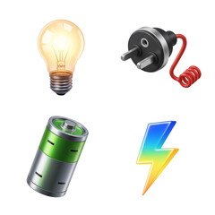 Set of four electrical energy and power icons including a light bulb and lightning bolt