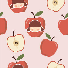 cute girl head on apple and half apple  seamless  pattern , vector , illustration 