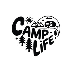 Heart-Shaped Camp Life Vector with Mountains, Trees, Camper, and Picnic Table ? Stylized Outdoor Adventure Design for Nature, Travel, and Camping Projects