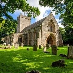 Naklejka premium Stone church with graveyard under trees