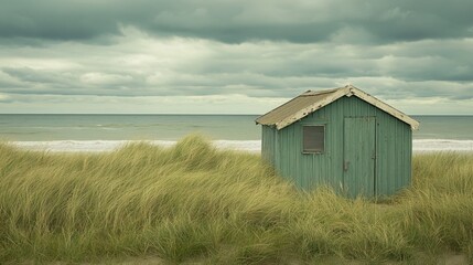 Small wooden hut on grassy coast with sea and cloudy sky in background creating calm natural landscape