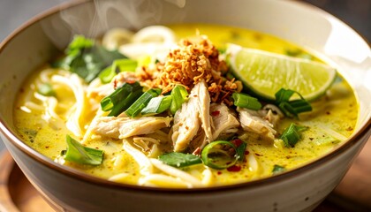 A delicious bowl of traditional Indonesian Soto Ayam soup.