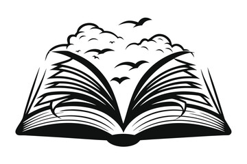 Open Book with Pages Turning Into Birds on White Background