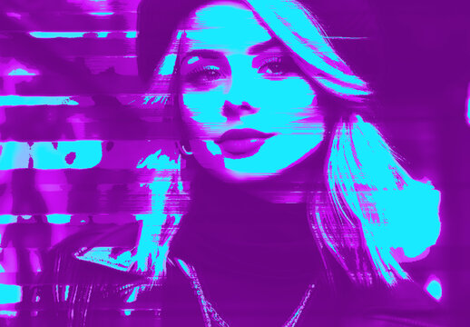 Purple And Blue Neon VHS Glitch Photo Effect