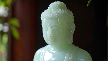 Close-up of a light green Buddha statue