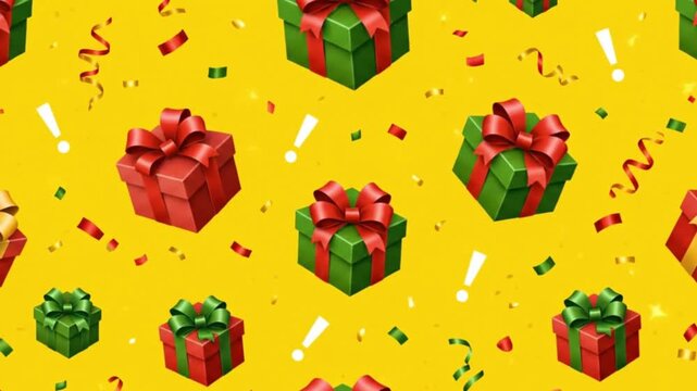 Festive background with vibrant seamless pattern of gift boxes, ribbons, and confetti, perfect for celebrations and holiday greetings