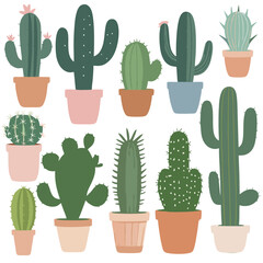 Flat Cactus and Succulent Vector Collection – Minimal Indoor Plant Icons in Pots