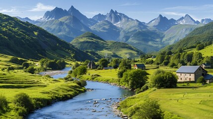 Breathtaking landscape of the Pyrenees mountains with river flowing through green valley in France