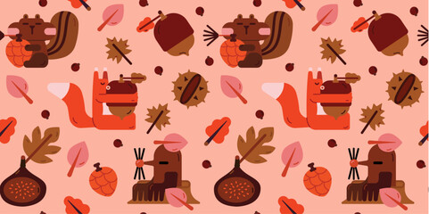 Cute seamless pattern with animals. Autumn seamless pattern with a squirrel, chipmunk, mole, fig, and chestnut. Cute autumn illustration. Children's pattern.