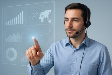 Data Analysis with Technology: A professional, wearing a headset, interfaces with an advanced digital display showcasing data analytics in a modern work setting.