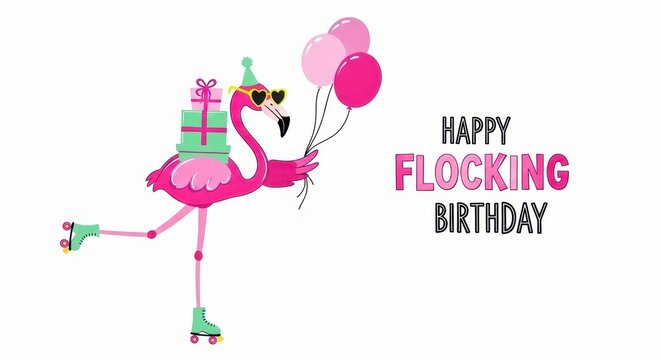 Funny flamingo roller skating with gifts and balloons, Happy Flocking Birthday greeting card