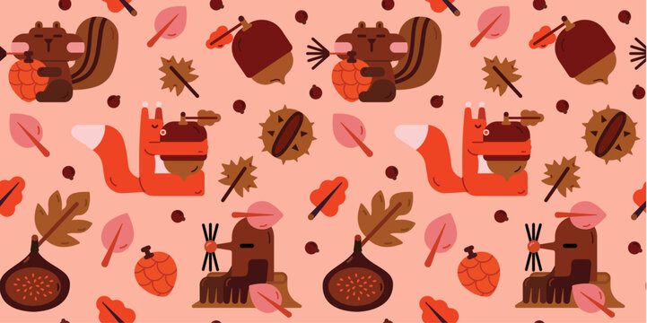 Cute seamless pattern with animals. Autumn seamless pattern with a squirrel, chipmunk, mole, fig, and chestnut. Cute autumn illustration. Children's pattern.