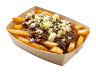 Poutine in an aluminum takeout container isolated on a white background