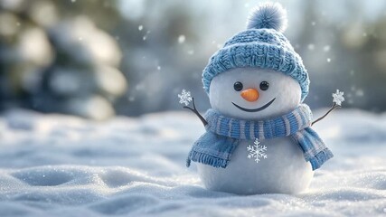Cute snowman with blue hat and scarf standing in snowy field with snowflakes falling in winter season - Powered by Adobe