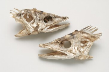 Two fish skeletons lay side by side against a neutral background, showcasing bone structure and subtle color variations in the dried remains