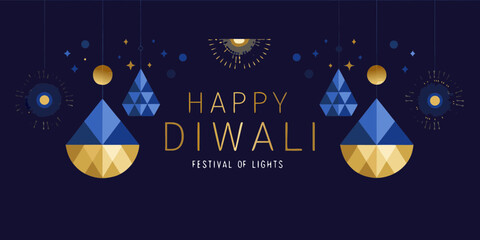 Happy diwali festival of lights greeting card with geometric lanterns and fireworks on dark blue background