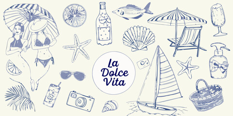 La dolce vita summer beach vacation lifestyle elements hand drawn sketch style