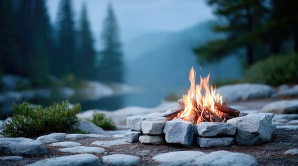 Burning Campfire Flames at Night Surrounded by Gray Stones Near Water and Mountain