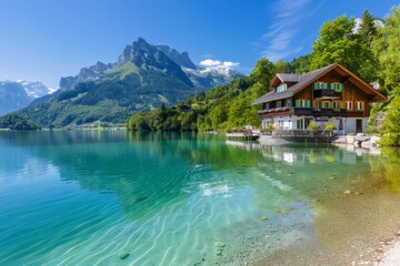Obraz premium Crystal-clear lake reflecting wooden house and majestic Alps in Switzerland