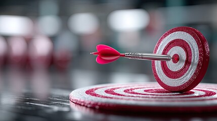Bullseye Hit A Target Dartboard With Red and Silver Arrow on A Dark Reflective Background Achieving Precision and Success for Business Strategy Concept
