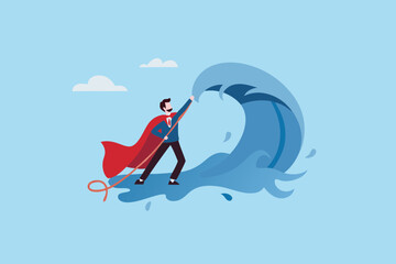 Superhero businessman standing on a wave holding a rope deflecting the water