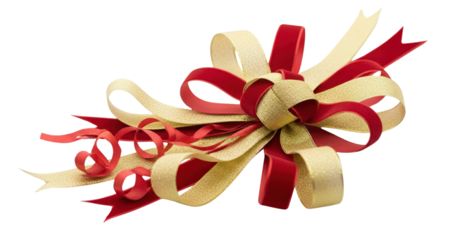 Festive red and gold ribbon bow for Christmas gift wrap isolated PNG with Transparent Background