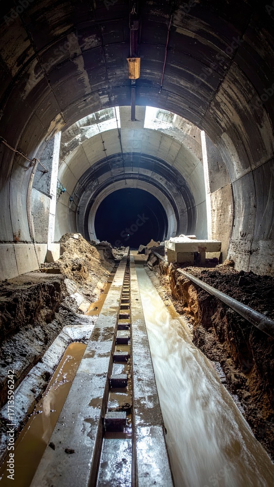 Poster dark tunnel with water flow and construction elements inside