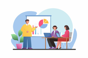 Obraz premium Business presentation with charts and graphs on a screen and people collaborating at a table with laptops