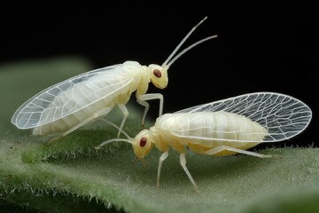 Two translucent, delicate-looking white insects with reddish eyes, perched on a fuzzy green leaf against a black background