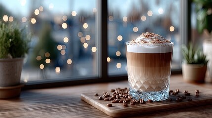 Cappuccino Glass on Wood Surface With Coffee Beans and Cream Layered Drink on Window Background With Bokeh Lights