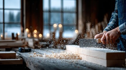 Carpenter Hands Planing Wood in Workshop with Flying Sawdust Against Blurred Window Background and Wood Structure in Rustic Atmosphere