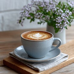 Cappuccino with Leaf Latte Art in Blue Cup on Wooden Board with Flowers