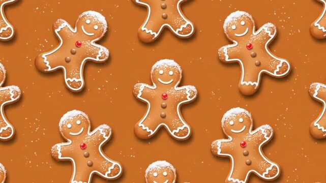 Delightful Holiday Pattern with Classic Gingerbread Men Cookies Sprinkled with Icing Sugar on a Warm Festive Background, Evoking Cozy Winter Traditions