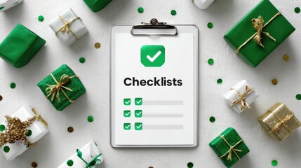 Checklist with Green Ticks on Clipboard Surrounded by Wrapped Gifts