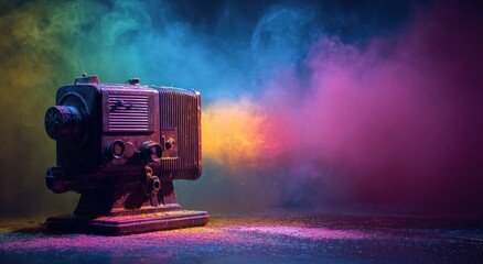 Vintage movie projector with colorful smoke emanating, standing on a surface dusted with vibrant powder paints, creating a dreamlike atmosphere