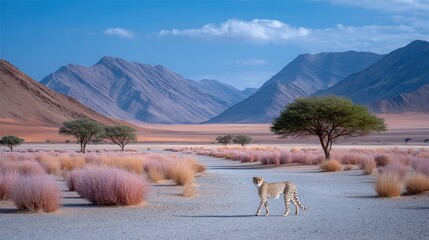 Cheetah Walking Across Arid Landscape with Distant Mountains and Clear Blue Sky in Africa Wildlife Theme