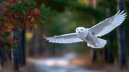 Cinematic Flight of a White Owl in Autumnal Forest Setting with Soft Focus and High Dynamic Range