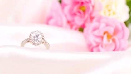 Diamond ring on silk with pink roses
