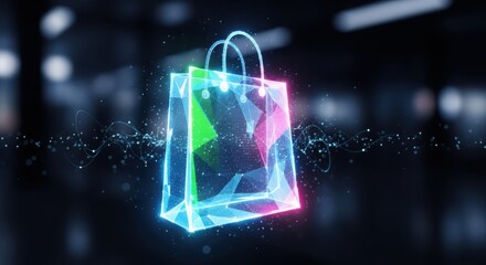 Naklejka premium Abstract neon shopping bag ui ux design concept with digital interface and e-commerce technology isolated on white background