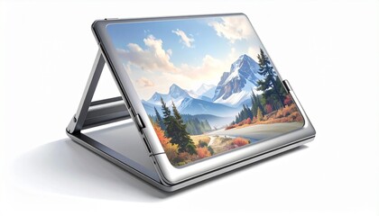 Innovative foldable smartphone or tablet with a vibrant landscape on its screen isolated on a white background.