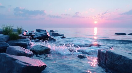 Cinematic Ocean View At Sunset with Boulders and Waves in the Foreground with Pink Sky and Reflecting Sunlight on Water Under Dramatic Sky