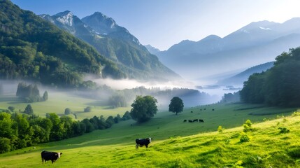Cows grazing in idyllic alpine valley full of fog at sunrise