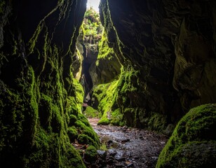Fototapeta premium Serene Cave with Lush Green Moss and Natural Light Entrance
