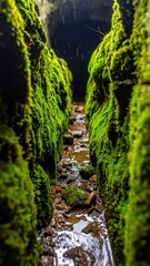 Fototapeta premium Lush Green Moss-Lined Rock Crevice with Water and Rainfall