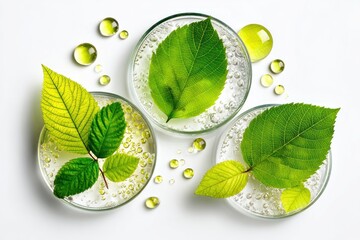 Three petri dishes hold vibrant green leaves with clear droplets on a white background, evoking natural science and organic compositions