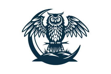 Owl Silhouette Perched on Branch with Stars, Moon on White Background